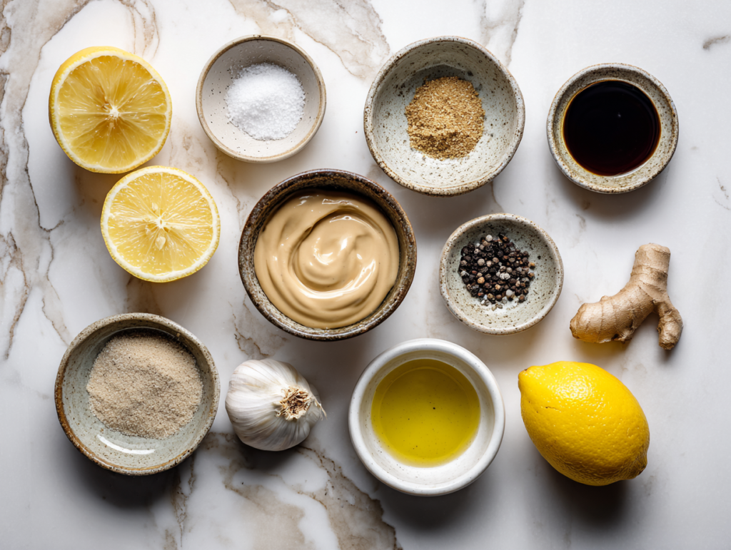 ingredients for tahini lemon dressing arranged on a marble surface