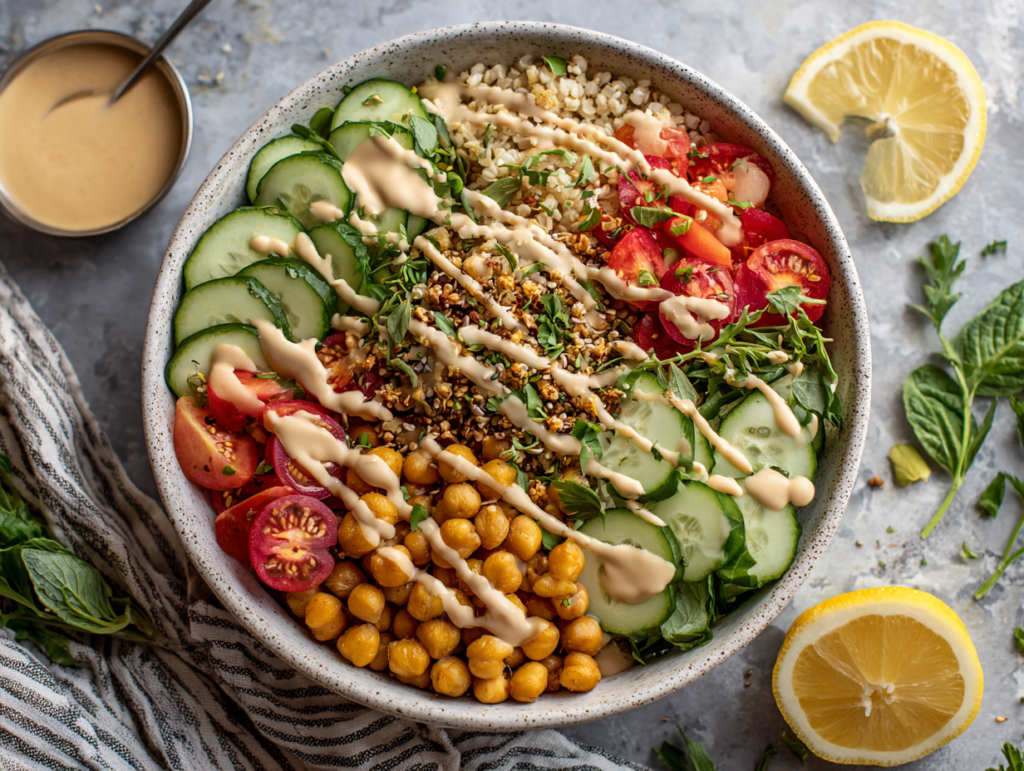tahini lemon dressing served over a Mediterranean grain bowl
