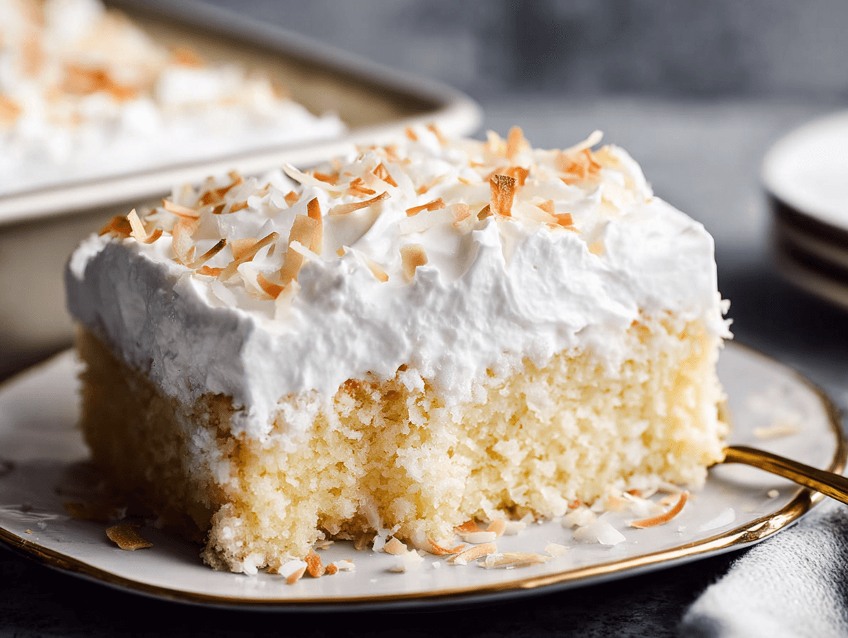 tres leches coconut cake sliced with whipped topping and toasted coconut