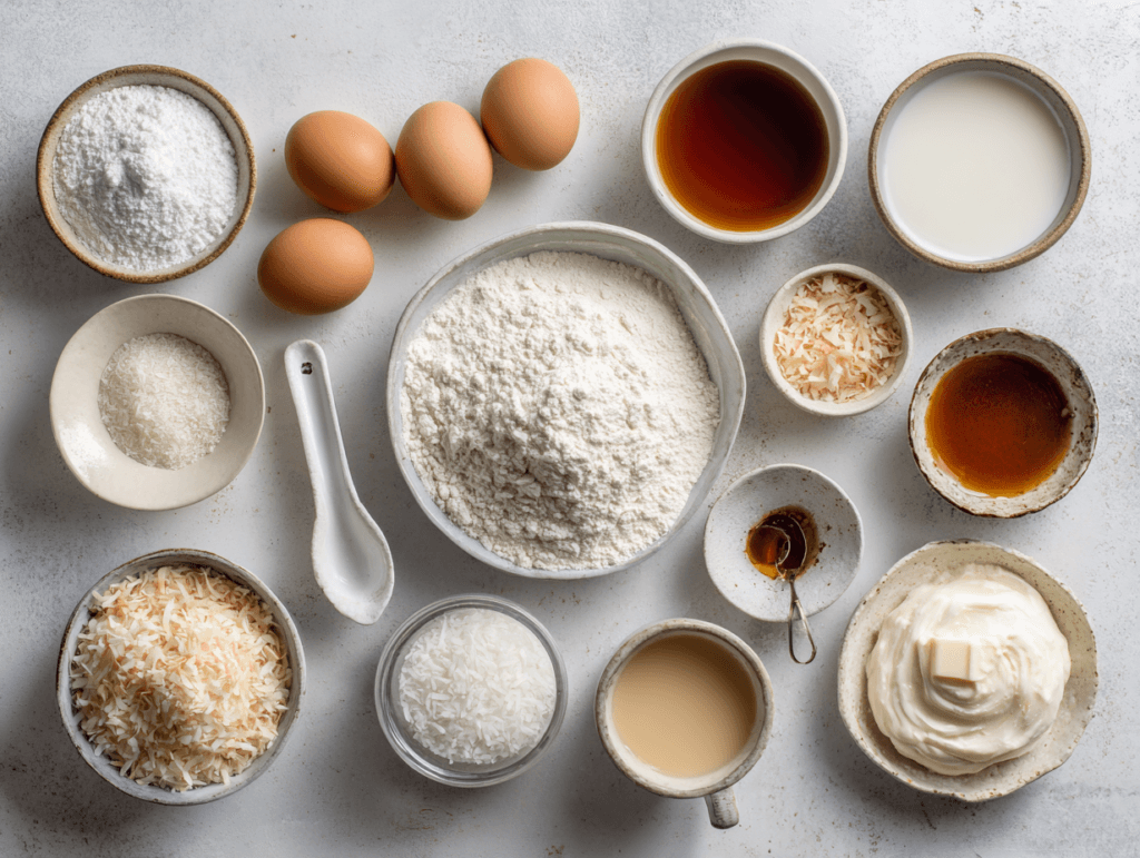 ingredients for tres leches coconut cake with coconut milk and condensed milk