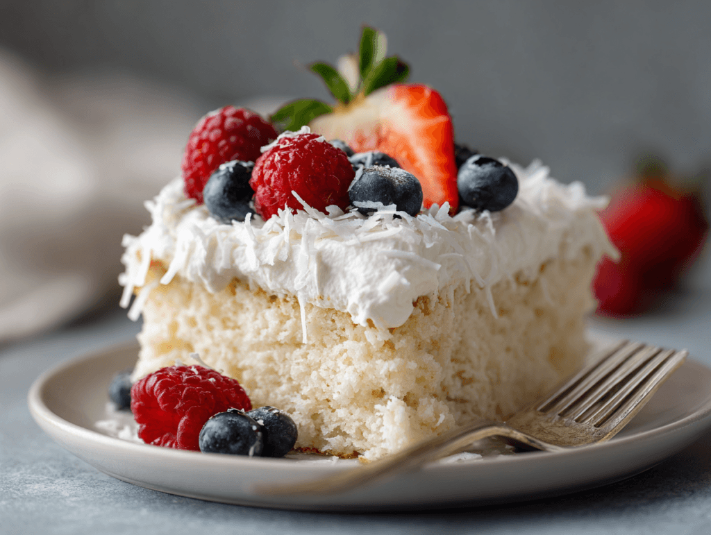 serving slice of tres leches coconut cake with berries
