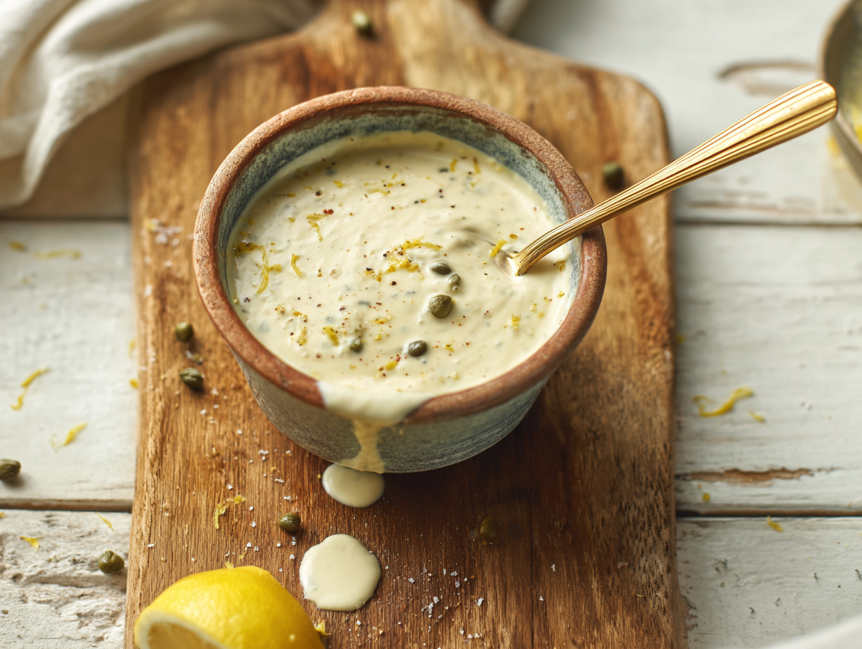 Creamy vegan Caesar dressing in a bowl with capers and lemon on a wooden board