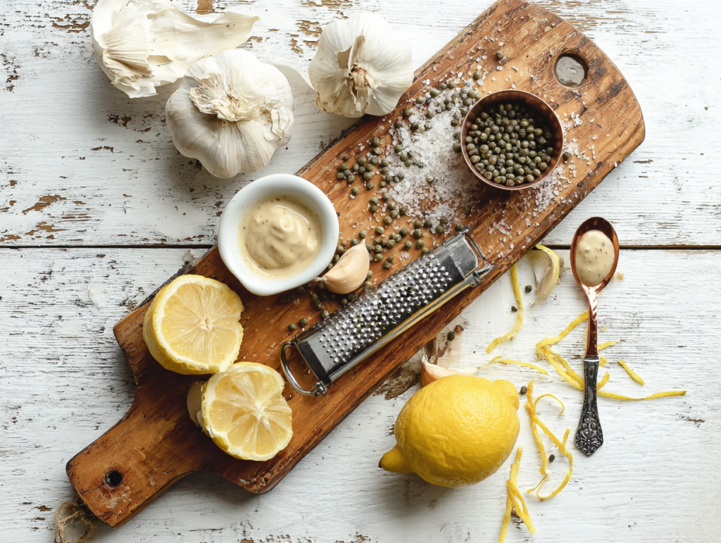 Vegan Caesar dressing ingredients with lemon, garlic, capers, tahini, and mustard