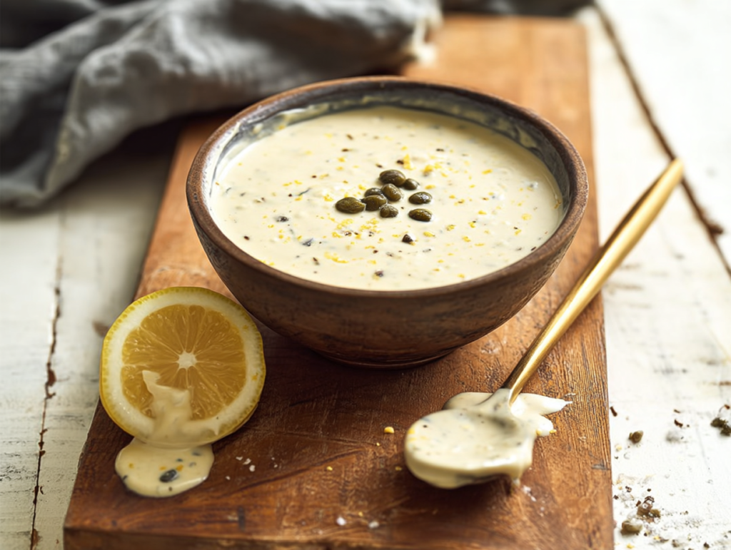Creamy vegan Caesar dressing in a bowl with lemon and capers on a wooden board