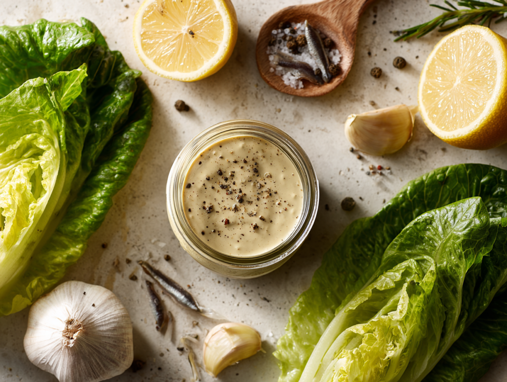 Whole30 Caesar Dressing in a jar with lemon and garlic