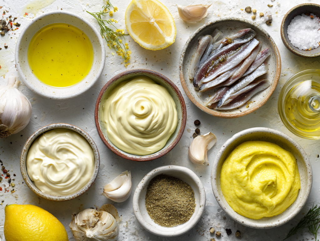 Whole30 Caesar Dressing ingredients on a kitchen surface