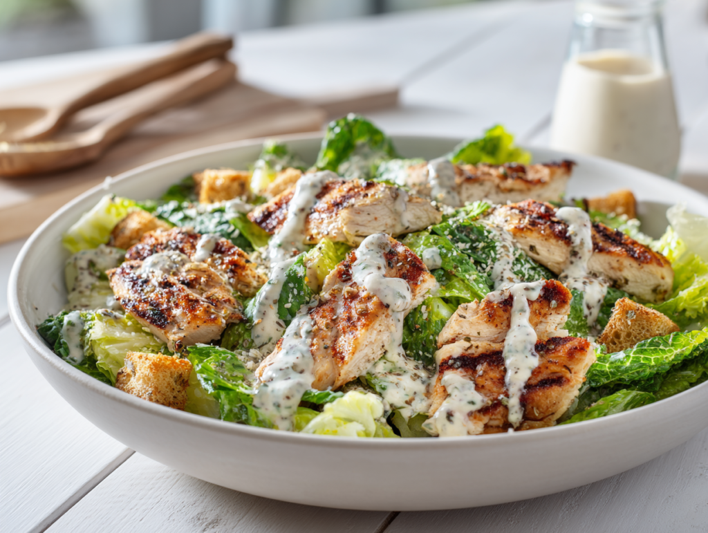 Whole30 Caesar Dressing served over romaine and grilled chicken