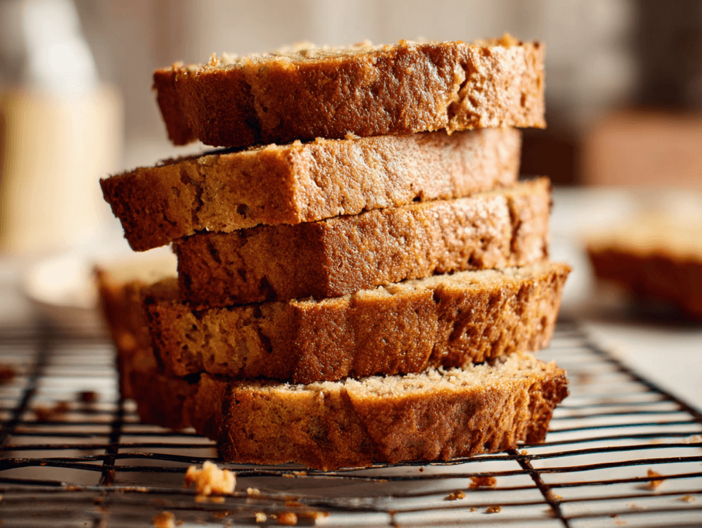 sliced 4 ingredient banana bread stacked on rack