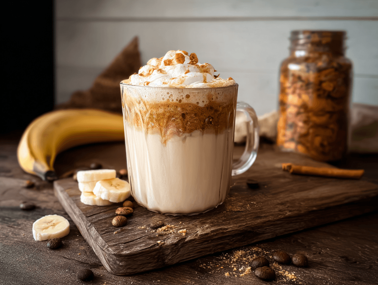banana bread latte in mug with cinnamon