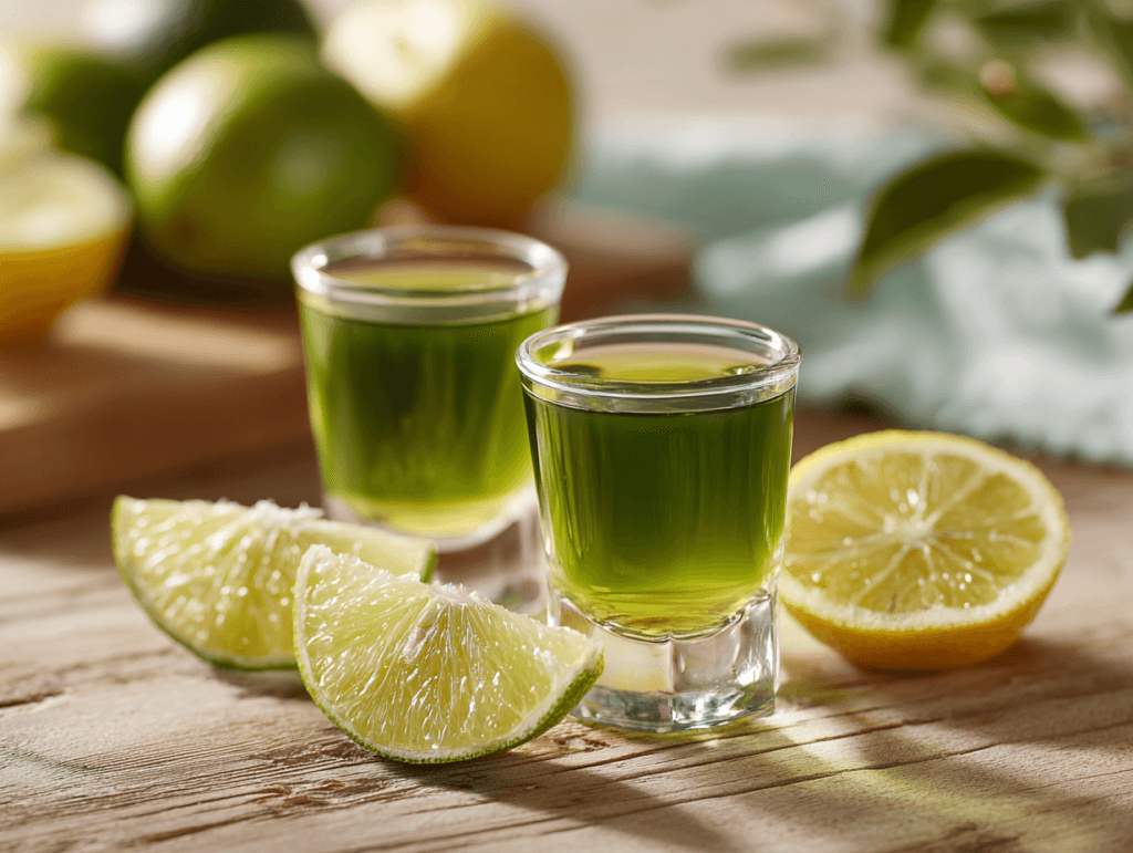 green tea shot recipe in clear glasses