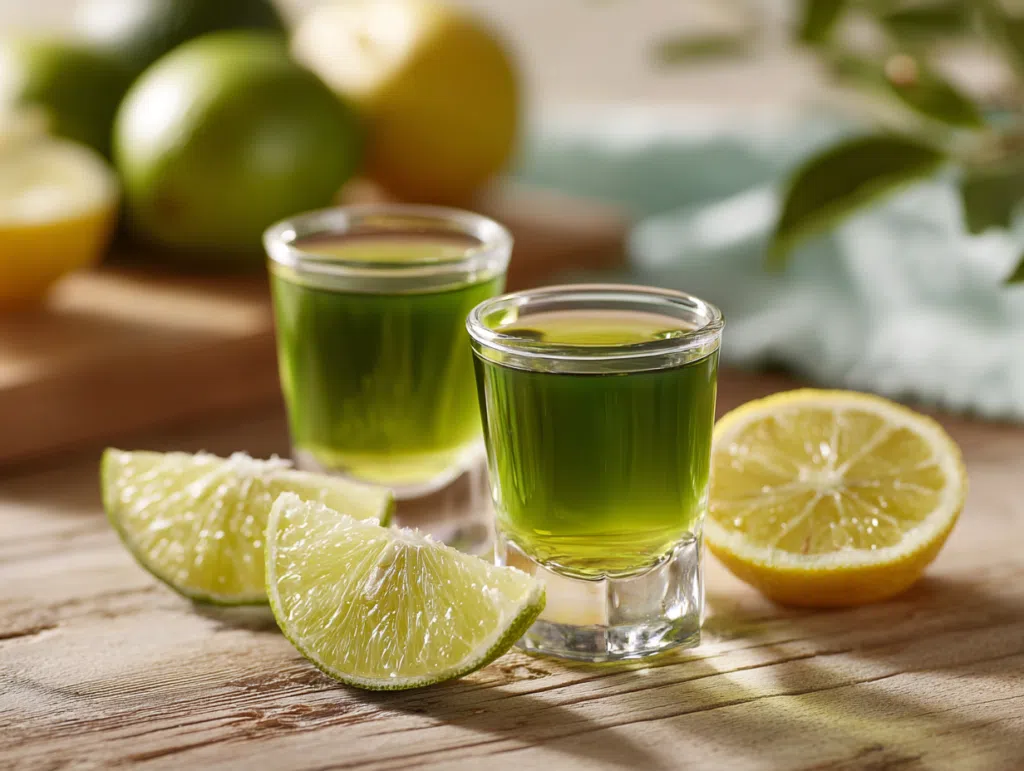 green tea shot recipe in clear glasses