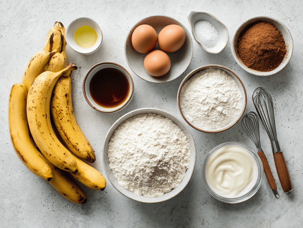 protein banana bread ingredients with bananas yogurt and protein powder