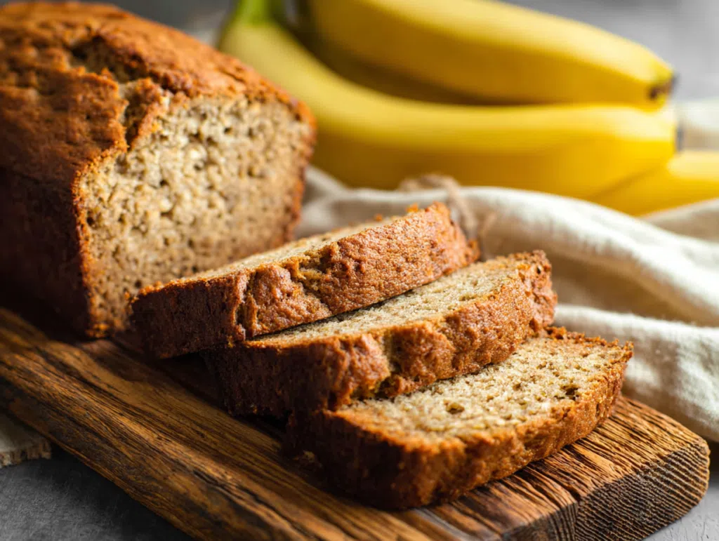protein banana bread sliced loaf with bananas and Greek yogurt