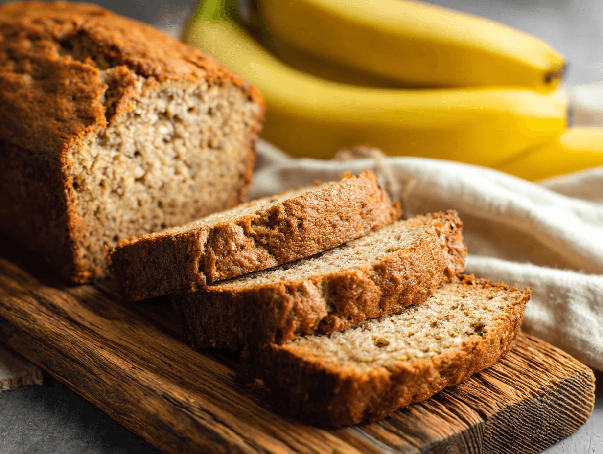 protein banana bread sliced loaf with bananas and Greek yogurt