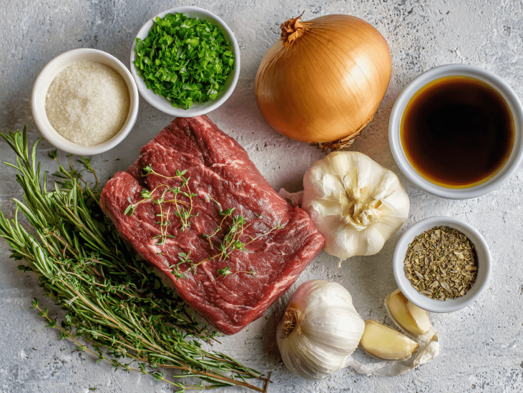 au jus recipe ingredients laid out on table