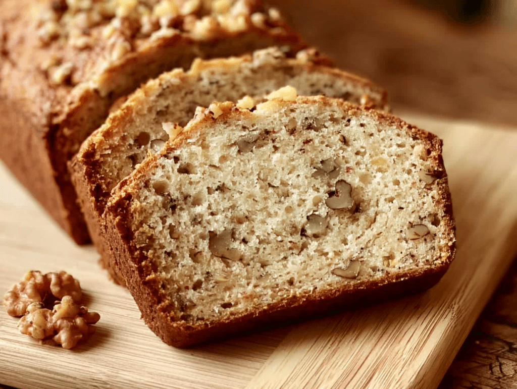 banana bread recipe with oil and walnuts sliced on wooden board