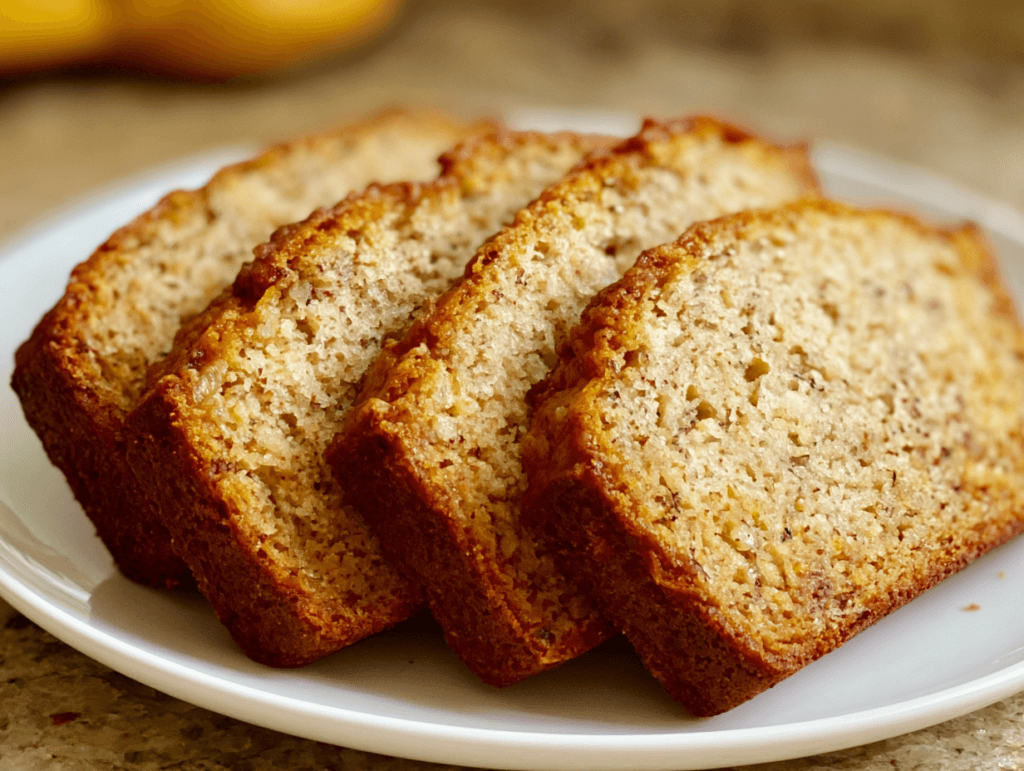 banana bread recipe with oil slices on white plate