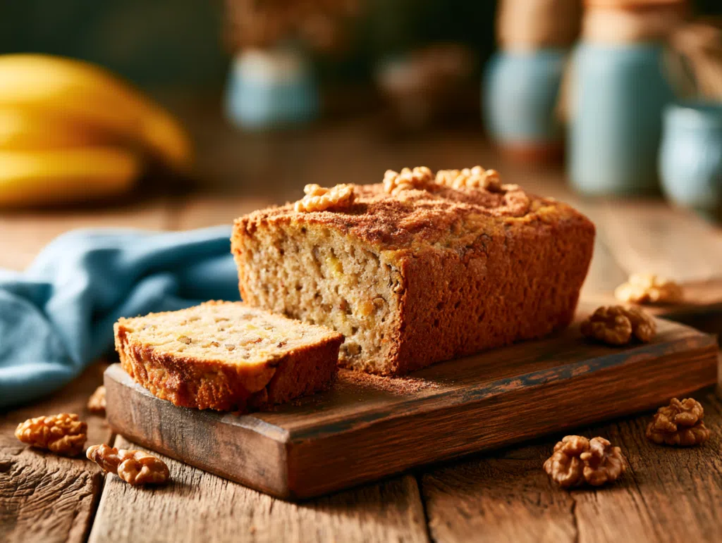banana nut bread greek yogurt loaf sliced on wooden table