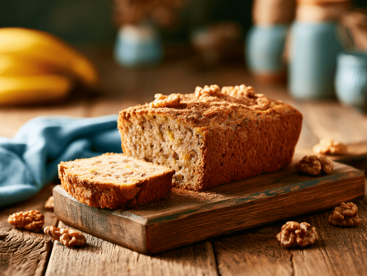 banana nut bread greek yogurt loaf sliced on wooden table