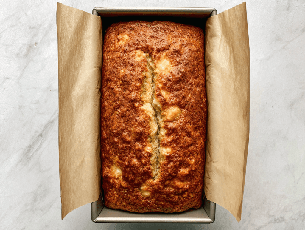 Cottage cheese banana bread baked in a loaf pan