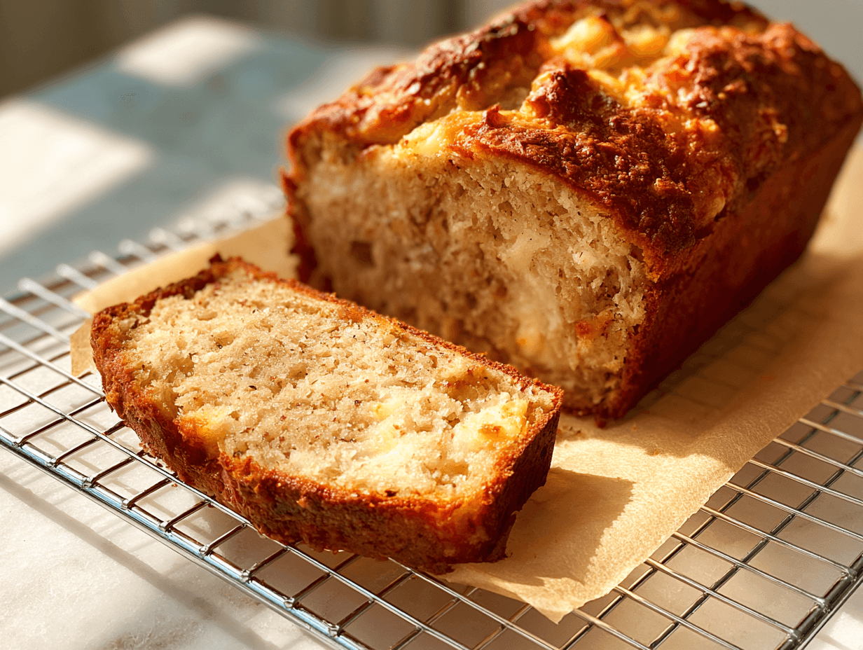 Cottage cheese banana bread sliced open with moist crumb