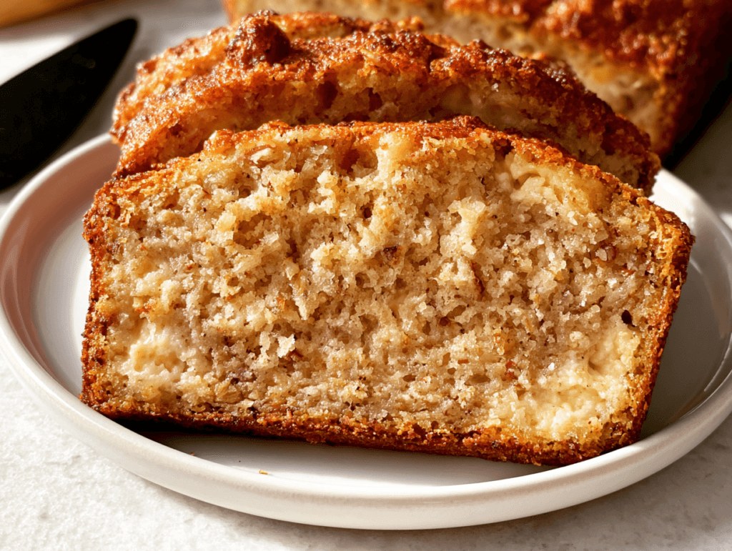 Cottage cheese banana bread slice served on a white plate