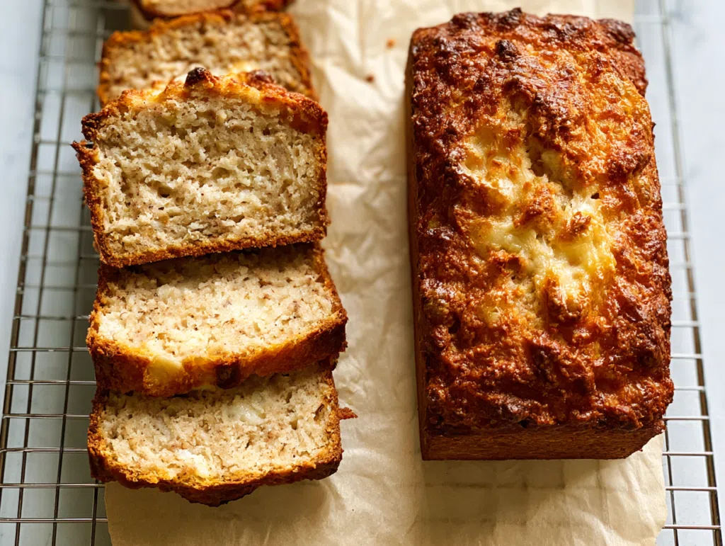 Cottage cheese banana bread loaf sliced on a cooling rack
