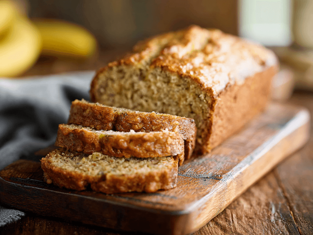 healthy banana bread slices on wooden board