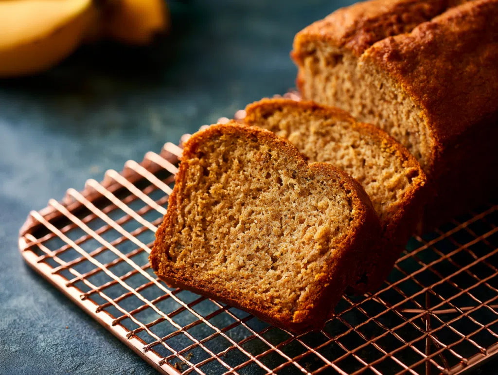healthy banana bread sliced on cooling rack