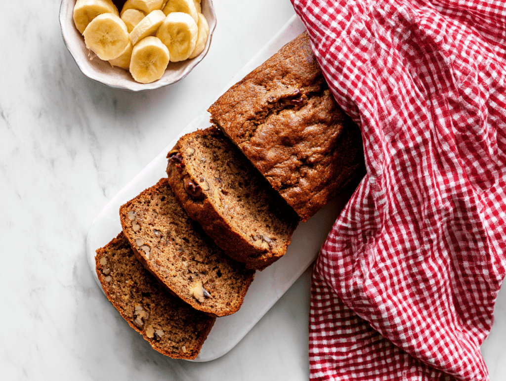 whole wheat banana bread recipe with walnuts sliced