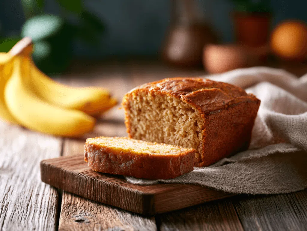 Banana Bread Without Sugar sliced on a wooden table