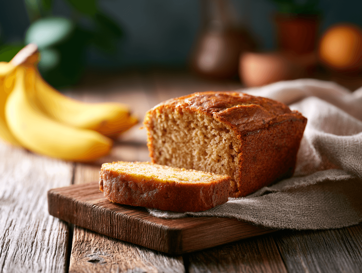 Banana Bread Without Sugar sliced on a wooden table